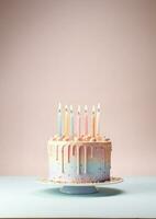 anniversaire coloré gâteau décoré avec bonbons, anniversaire gâteau avec bougies, génératif ai. photo