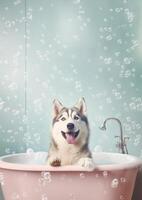 mignonne sibérien rauque chien dans une petit baignoire avec savon mousse et bulles, mignonne pastel couleurs, génératif ai. photo