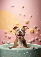 mignonne américain fosse taureau chien dans une petit baignoire avec savon mousse et bulles, mignonne pastel couleurs, génératif ai. photo