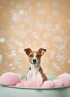 mignonne basenji chien dans une petit baignoire avec savon mousse et bulles, mignonne pastel couleurs, génératif ai. photo