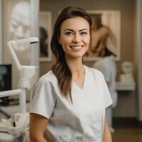 ai généré portrait de souriant femelle infirmière photo