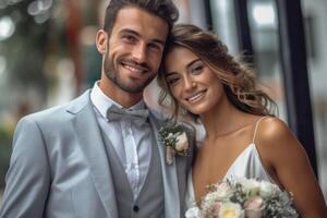 ai génératif photo portrait de une couple sur mariage journée