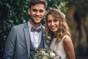 ai génératif photo portrait de une couple sur mariage journée