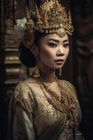 ai généré portrait de asiatique femme dans une d'or peignoir photo