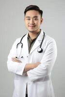 ai généré portrait de une médecin portant médical peignoir photo