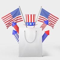 joyeux 4 juillet fête de l'indépendance des états-unis et maquette de sac à provisions avec décoration et drapeau américain photo