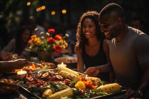 vibrant rassemblement de famille et amis, joyeusement célébrer en plein air dans le confort de maison. une multiculturel ensemble de enfants, adultes, et les personnes âgées recueillies autour une table, ai génératif photo