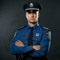une homme portant une police uniforme des stands contre une gris Contexte. photo