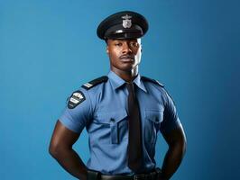 une homme portant une police uniforme des stands contre une bleu Contexte. photo