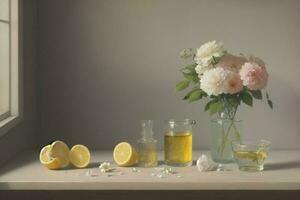 magnifique blanc fleur sur table dans transparent verre pot photo