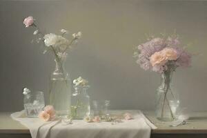 magnifique blanc fleur sur table dans transparent verre pot photo