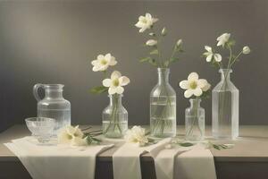 magnifique blanc fleur sur table dans transparent verre pot photo