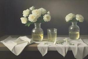 magnifique blanc fleur sur table dans transparent verre pot photo