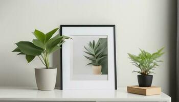 une photo de Cadre dans de face de blanc mur et les plantes