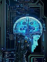 ai produire artificiel intelligence dans image de cyborg fille avec électronique cerveau. neural réseau qualifié en utilisant une virtuel hud interface. machine apprentissage La technologie concept. science-fiction cybernétique photo