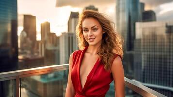 portrait de une affaires jolie Jeune femme dans une rouge robe dans le ville, fabriqué avec génératif ai photo