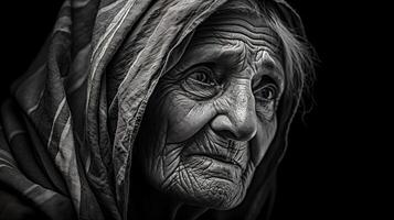 le concept de vieux personnes, une portrait de une grand-mère avec une ridé affronter, monochrome fabriqué avec génératif ai photo