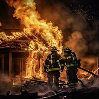 sapeur pompier dans premier plan avec brûlant bâtiments dans Contexte. sécurité Feu combattant équipe, département pompier dans spécial chaleur résistant protection costume. génératif ai illustration. photo