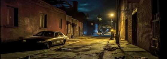 nuit des rues de une pauvres district de une gros ville, bannière fabriqué avec génératif ai photo