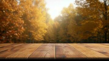 vide en bois table pour produit afficher sur l'automne la nature Contexte. génératif ai photo