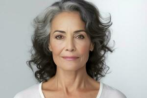 portrait de milieu vieilli européen femme avec moyen longueur cheveux sur copie espace. adapté aux personnes âgées modèle. photo