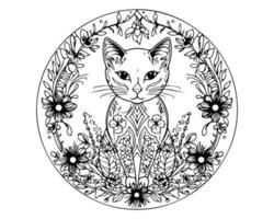 ligne art chat avec fleur coloration page conception photo