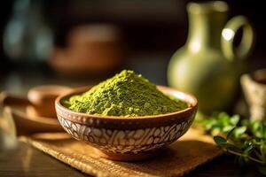 vibrant vert thé poudre dans une traditionnel bol, fermer tir, ai généré photo