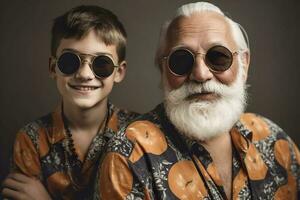 content grand-père et petit fils. positif Sénior avec petit enfant. multi-générationnel famille. souriant personnes. content retraite. positif vieillissement, bien ambiance. cool senior. portrait, proche en haut. génératif ai. photo