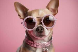 cool chien avec des lunettes de soleil et sans cou sur rose Contexte. à la mode apparence, être branché. style et mode. élégant animal de compagnie. bijoux, accessoires. génératif ai. photo