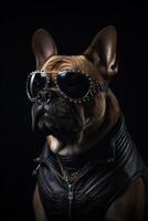 cool chien avec des lunettes de soleil et cuir veste sur noir Contexte. à la mode apparence, être branché. style et mode. élégant animal de compagnie. chien chef, marrant animal de compagnie. génératif ai. photo