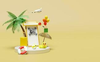 mobile téléphone, téléphone intelligent avec bouée de sauvetage, étape podium, palmiers, qr code balayage, avion, valise papier sac isolé sur Jaune. en ligne achats, été Voyage vacances concept, 3d illustration, 3d rendre photo