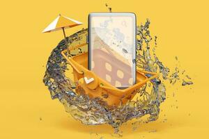 mobile téléphone ou téléphone intelligent avec achats chariots, Orange panier, l'eau éclaboussure, parapluie isolé sur Jaune Contexte. en ligne achats, été Voyage vacances concept, 3d illustration ou 3d rendre photo