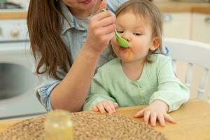 content famille à maison. mère alimentation sa bébé fille de cuillère dans cuisine. peu bambin enfant avec désordonné marrant visage mange en bonne santé nourriture à maison. Jeune femme maman donnant nourriture à enfant fille. photo