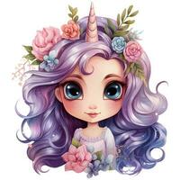 mignonne dessin animé fille portant une couronne de fleurs dans sa cheveux ai génératif photo