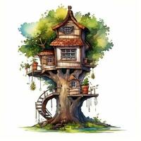 aquarelle illustration de une arbre maison dans le forme de une maison ai génératif photo
