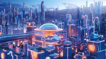 futuriste ville à nuit avec néon lumières, 3d le rendu ai génératif photo