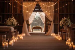 mariage la cérémonie dans une en bois intérieur avec bougies et fleurs ai génératif photo