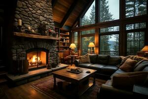 une confortable vivant pièce avec cheminée sur le Contexte de une Montagne paysage ai génératif photo
