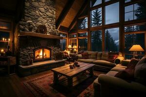 une confortable vivant pièce avec cheminée sur le Contexte de une Montagne paysage ai génératif photo