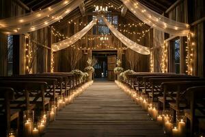 mariage la cérémonie dans une en bois intérieur avec bougies et fleurs ai génératif photo