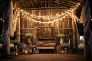 mariage la cérémonie dans une en bois intérieur avec bougies et fleurs ai génératif photo