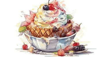 aquarelle image de baies garnir la glace crème portion bol illustration. photo