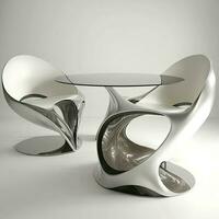 ultra moderne meubles de futuriste les fauteuils avec une verre table dans blanc et argent couleur. génératif ai technologie. photo