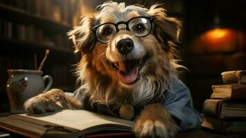 souriant chien avec des lunettes suivant à livres, intelligent chien. généré par artificiel intelligence photo