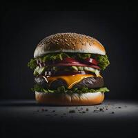 Burger sur une noir Contexte ai généré. photo