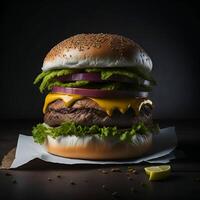 Burger sur une noir Contexte ai généré. photo