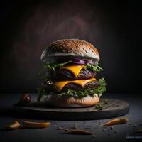 Burger sur une noir Contexte ai généré. photo