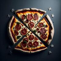 Pizza sur noir Contexte ai généré, nourriture La publicité image photo