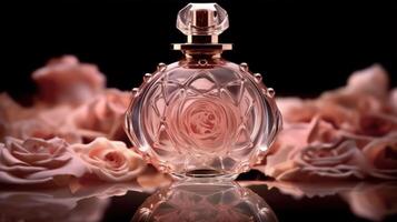 romantique parfum bouteille avec Rose pétales photo