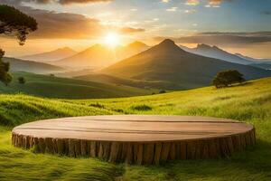 une rustique bois table dans le milieu de une la nature Contexte pour produit afficher photo